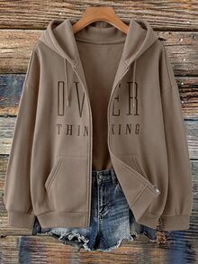 EMERY ROSE Plus Size Women's Korean Style Baggy Letter Embroidered Ribbed Cuff Hooded Sweatshirt Jacket, Suitable For Teacher Business, Relaxed Brown Autumn - Khaki - View 3