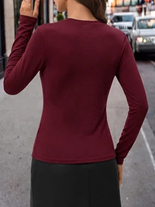 Editum Women's Solid Color Twisted Cutout Design Long Sleeve T-Shirt Office Dinner Burgundy Elegant Winter Clothes - Burgundy - View 2