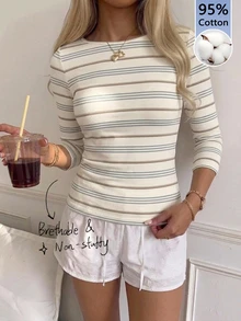 Tseoso 休閒極簡風 95% 棉 3/4 袖 T-shirt，優雅多色條紋，適合春夏秋四季穿搭，適用日常通勤、約會、派對、秋冬夏季、聖誕節、新年、感恩節、婚禮、海灘、畢業典禮，時尚百搭 - 彩色 - 查看 3
