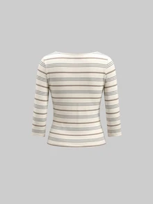 Tseoso 休閒極簡風 95% 棉 3/4 袖 T-shirt，優雅多色條紋，適合春夏秋四季穿搭，適用日常通勤、約會、派對、秋冬夏季、聖誕節、新年、感恩節、婚禮、海灘、畢業典禮，時尚百搭 - 彩色 - 查看 6