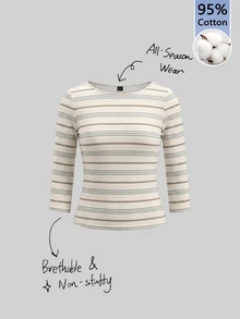 Tseoso 休閒極簡風 95% 棉 3/4 袖 T-shirt，優雅多色條紋，適合春夏秋四季穿搭，適用日常通勤、約會、派對、秋冬夏季、聖誕節、新年、感恩節、婚禮、海灘、畢業典禮，時尚百搭 - 彩色 - 查看 5