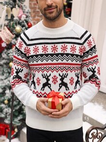 Manfinity Homme 男士秋冬長袖圓領針織套頭毛衣，附聖誕元素，可愛聖誕套頭毛衣，秋冬款 - 白色 - 查看 3