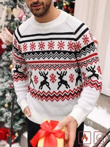 Manfinity Homme 男士秋冬長袖圓領針織套頭毛衣，附聖誕元素，可愛聖誕套頭毛衣，秋冬款 - 白色 - 查看 1