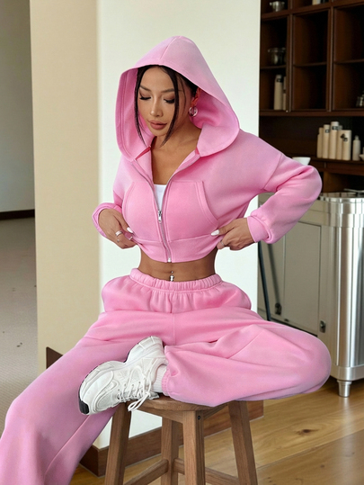 CovetEZ Conjunto de 2 piezas de chaqueta con capucha y pantalones casuales con estampado de lunares rosas para niña, talla grande, otoño/invierno