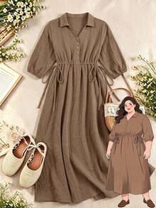 Rusticease Plus Size Textured Button Front Casual Traditional Vacation Dress Brunch Formal Chocolate Brown Autumn Fall - Brown - View 7