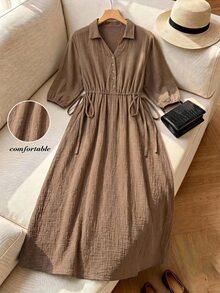 Rusticease Plus Size Textured Button Front Casual Traditional Vacation Dress Brunch Formal Chocolate Brown Autumn Fall - Brown - View 8