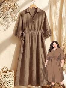 Rusticease Plus Size Textured Button Front Casual Traditional Vacation Dress Brunch Formal Chocolate Brown Autumn Fall - Brown - View 3