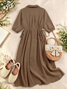 Rusticease Plus Size Textured Button Front Casual Traditional Vacation Dress Brunch Formal Chocolate Brown Autumn Fall - Brown - View 2