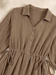 Rusticease Plus Size Textured Button Front Casual Traditional Vacation Dress Brunch Formal Chocolate Brown Autumn Fall - Brown - View 6