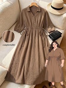 Rusticease Plus Size Textured Button Front Casual Traditional Vacation Dress Brunch Formal Chocolate Brown Autumn Fall - Brown - View 1