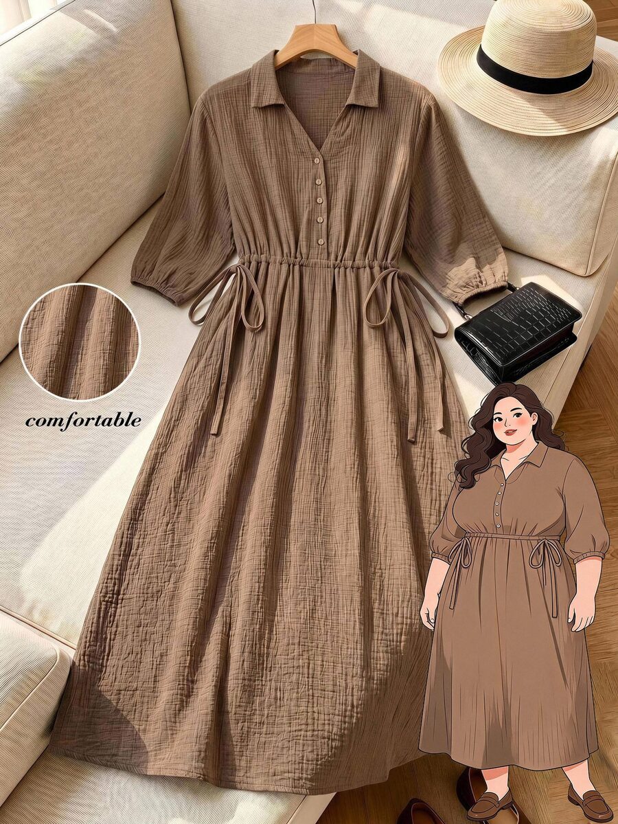 Rusticease Plus Size Textured Button Front Casual Traditional Vacation Dress Brunch Formal Chocolate Brown Autumn Fall - Brown - View 1