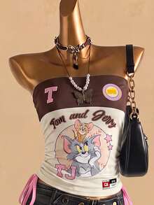 TOM & JERRY X SHEIN SHEIN EZwear 女款卡通印花抽繩綁帶抹胸上衣，適合旅行 Y2K 風格 - 彩色 - 查看 6