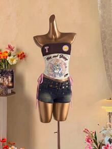 TOM & JERRY X SHEIN SHEIN EZwear 女款卡通印花抽繩綁帶抹胸上衣，適合旅行 Y2K 風格 - 彩色 - 查看 4