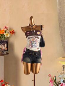 TOM & JERRY X SHEIN SHEIN EZwear 女款卡通印花抽繩綁帶抹胸上衣，適合旅行 Y2K 風格 - 彩色 - 查看 3