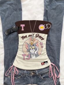 TOM & JERRY X SHEIN SHEIN EZwear 女款卡通印花抽繩綁帶抹胸上衣，適合旅行 Y2K 風格 - 彩色 - 查看 1