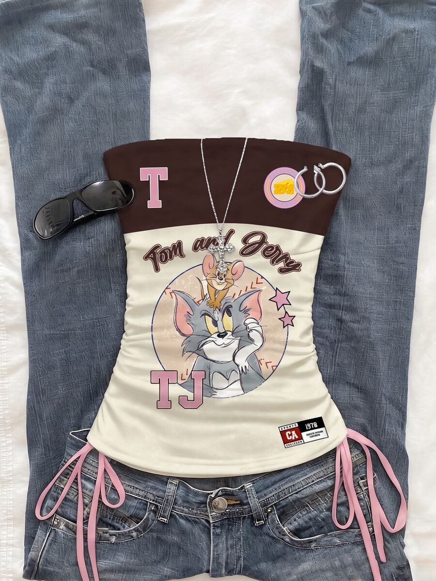 TOM & JERRY X SHEIN SHEIN EZwear 女款卡通印花抽繩綁帶抹胸上衣,適合旅行 Y2K 風格 - 彩色 - 查看 1
