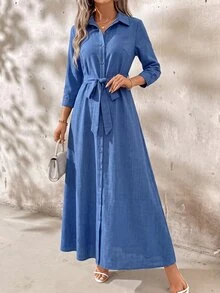 SHEIN Clasi 女款優雅休閒襯衫領繫帶襯衫洋裝 教師節 辦公室早午餐 矢車菊藍 秋季 - 藍色 - 查看 10