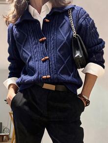 Briarwyn Cardigan Rajut Kabel Biru Tua Lengan Panjang Kerah Lipat Kancing Tapal Kuda Musim Dingin, Sweater Musim Gugur Musim Dingin, Gaya Klasik Serbaguna untuk Komuter - Navy Blue - View 2