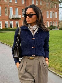 Briarwyn Cardigan Rajut Kabel Biru Tua Lengan Panjang Kerah Lipat Kancing Tapal Kuda Musim Dingin, Sweater Musim Gugur Musim Dingin, Gaya Klasik Serbaguna untuk Komuter - Navy Blue - View 3