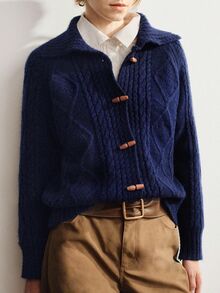 Briarwyn Cardigan Rajut Kabel Biru Tua Lengan Panjang Kerah Lipat Kancing Tapal Kuda Musim Dingin, Sweater Musim Gugur Musim Dingin, Gaya Klasik Serbaguna untuk Komuter - Navy Blue - View 6