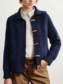 Briarwyn Cardigan Rajut Kabel Biru Tua Lengan Panjang Kerah Lipat Kancing Tapal Kuda Musim Dingin, Sweater Musim Gugur Musim Dingin, Gaya Klasik Serbaguna untuk Komuter - Navy Blue - View 4