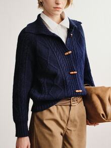 Briarwyn Cardigan Rajut Kabel Biru Tua Lengan Panjang Kerah Lipat Kancing Tapal Kuda Musim Dingin, Sweater Musim Gugur Musim Dingin, Gaya Klasik Serbaguna untuk Komuter - Navy Blue - View 5