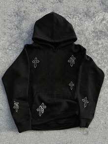 SHEIN 兒童青少年男孩黑色印花秋季衛衣，冬季街頭風休閒拼色極簡軟面料衛衣，適合上學、旅行 - 黑色 - 查看 1
