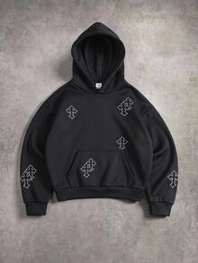 SHEIN 兒童青少年男孩黑色印花秋季衛衣，冬季街頭風休閒拼色極簡軟面料衛衣，適合上學、旅行 - 黑色 - 查看 2
