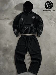 SHEIN 兒童青少年男孩黑色印花秋季衛衣，冬季街頭風休閒拼色極簡軟面料衛衣，適合上學、旅行 - 黑色 - 查看 3
