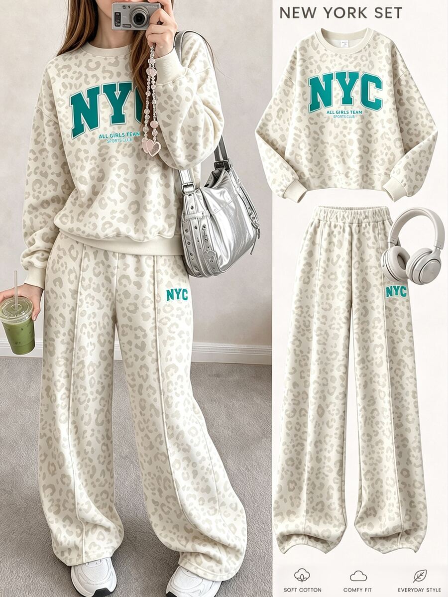 SHEIN 灰色與白色時尚運動風拼色 NYC 字母印花女童休閒軟舒適寬鬆圓領套頭衛衣與寬腿褲套裝,適合秋冬日常、街頭、新風格、時尚女孩、校園風返校 - 白色 - 查看 1