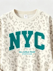 SHEIN 灰色與白色時尚運動風拼色 NYC 字母印花女童休閒軟舒適寬鬆圓領套頭衛衣與寬腿褲套裝，適合秋冬日常、街頭、新風格、時尚女孩、校園風返校 - 白色 - 查看 4