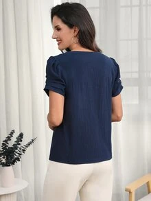 Medorina An Elegant Top In Navy Blue Cotton, Perfect For Everyday Wear, Suitable For Spring, Holidays, And Occasions Like Country Music Concerts. - Blue - View 3