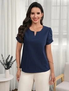Medorina An Elegant Top In Navy Blue Cotton, Perfect For Everyday Wear, Suitable For Spring, Holidays, And Occasions Like Country Music Concerts. - Blue - View 5