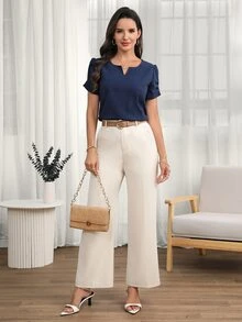 Medorina An Elegant Top In Navy Blue Cotton, Perfect For Everyday Wear, Suitable For Spring, Holidays, And Occasions Like Country Music Concerts. - Blue - View 6