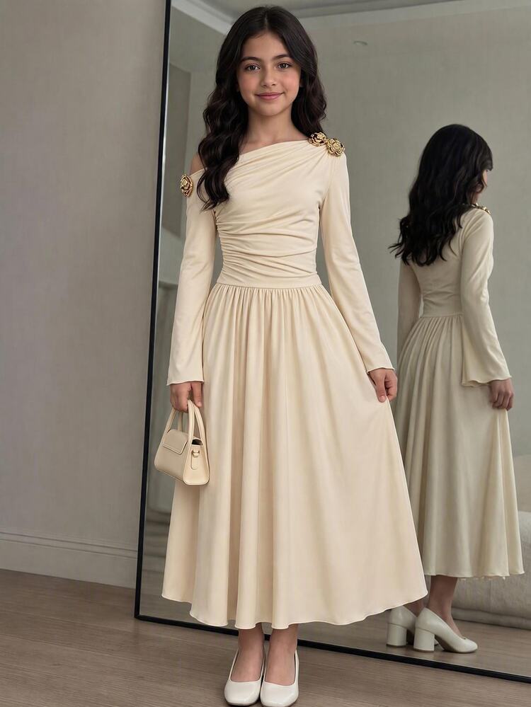 SHEIN Kids Tween Girl Tween Girls Elegant Cream Color Sleeve Asymmetrical Shoulder Long Sleeve Dress Autumn/Winter Long Sleeve Dress Elegant Party - Apricot - View 15
