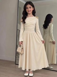 SHEIN 兒童青少年女孩優雅奶油色不對稱單肩長袖洋裝 秋冬長袖洋裝 典雅派對款 - 杏色 - 查看 11
