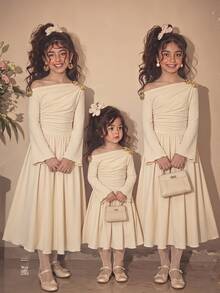 SHEIN 兒童青少年女孩優雅奶油色不對稱單肩長袖洋裝 秋冬長袖洋裝 典雅派對款 - 杏色 - 查看 14
