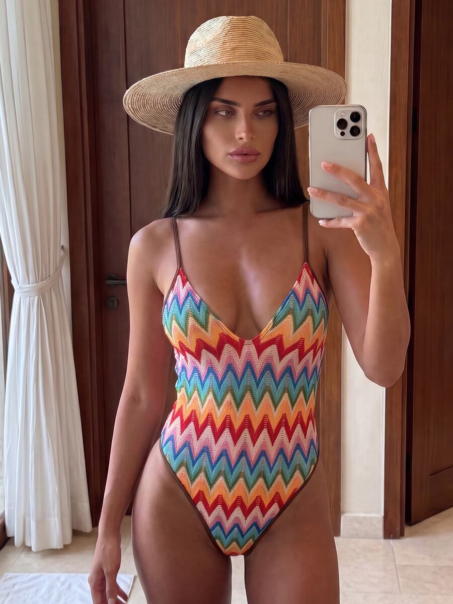 Costavie Summer New Multi-Color Textured Fabric Deep V High Cut Back Criss-Cross Tie One-Piece Women's Swimsuit For Beach Romantic Vacation - Multicolor - View 1