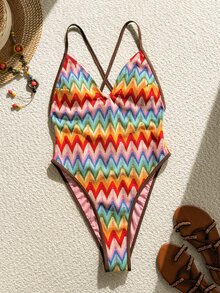 Costavie Summer New Multi-Color Textured Fabric Deep V High Cut Back Criss-Cross Tie One-Piece Women's Swimsuit For Beach Romantic Vacation - Multicolor - View 2