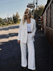 Anewsta Setelan Jas Wanita Musim Gugur: Blazer Putih Modern dengan Rhinestone Warna-warni + Celana Panjang Lebar, Cocok untuk Pesta Pernikahan, Makan Malam, Bisnis, Formal Elegan - Putih - View 3