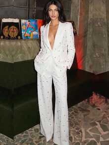 Anewsta Setelan Jas Wanita Musim Gugur: Blazer Putih Modern dengan Rhinestone Warna-warni + Celana Panjang Lebar, Cocok untuk Pesta Pernikahan, Makan Malam, Bisnis, Formal Elegan - Putih - View 1