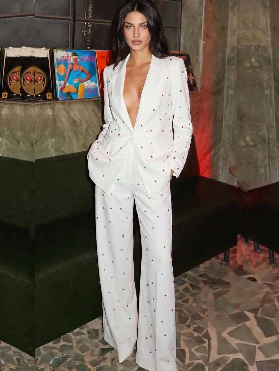Anewsta Setelan Jas Wanita Musim Gugur: Blazer Putih Modern dengan Rhinestone Warna-warni + Celana Panjang Lebar, Cocok untuk Pesta Pernikahan, Makan Malam, Bisnis, Formal Elegan - Putih - View 1