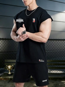 Gym Rark 男士休闲运动印花肌肉背心哑铃标志夏季健身背心，轻便 - 黑色 - 查看 4