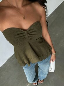 Glamine 性感休閒修身細肩帶無袖法式風百搭高級甜辣感抹胸上衣 橄欖綠 夏季度假夜店穿搭 - 綠色 - 查看 7