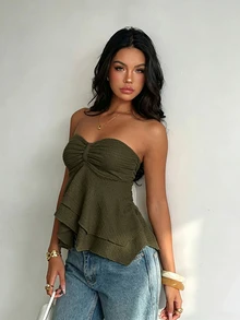 Glamine 性感休閒修身細肩帶無袖法式風百搭高級甜辣感抹胸上衣 橄欖綠 夏季度假夜店穿搭 - 綠色 - 查看 5