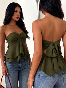 Glamine 性感休閒修身細肩帶無袖法式風百搭高級甜辣感抹胸上衣 橄欖綠 夏季度假夜店穿搭 - 綠色 - 查看 2