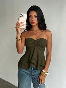 Glamine 性感休閒修身細肩帶無袖法式風百搭高級甜辣感抹胸上衣 橄欖綠 夏季度假夜店穿搭 - 綠色 - 查看 6