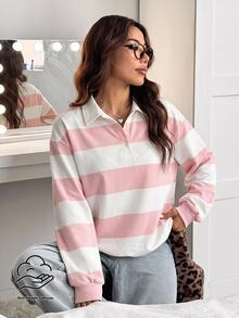 Dewbera Dewbera Color Block Striped Casual Sports Sweatshirt - Pink - View 1