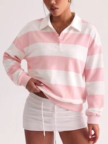 Dewbera Dewbera Color Block Striped Casual Sports Sweatshirt - Pink - View 3