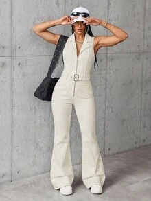 SHEIN EZwear 女款純色拉鍊時尚極簡休閒街頭風牛仔連身褲 外出夜生活米色夏季 - 杏色 - 查看 5